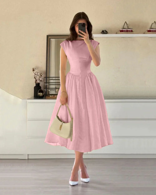 Cap Sleeve Fit & Flare A-Line Midi Dress in Powder Pink