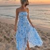 Strapless Bodycon Asymmetrical Hem Sleeveless Floral Midi Dress in Sky Blue