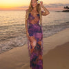 Mesh Ruffle Abstract Print Maxi Dress
