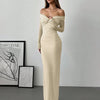 Off Shoulder Mesh Ruched Fitted Dress With Long Sleeve In Cream