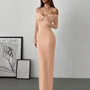 Off Shoulder Mesh Ruched Fitted Dress With Long Sleeve In Peach