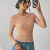 Sheer Mesh Long Sleeve Ruched Wrap Top In Peach
