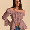 Off-Shoulder Ruffle Hem Tie-Front Crop Top in Dusty Pink