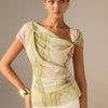 Asymmetric Neck Curved Hem Half Sleeve Top in Warm Beige