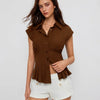 Casual Shirt Collar Tailored Fit Pleated Hem Top in Espresso Brown
