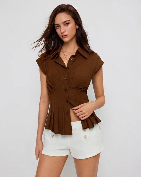 Casual Shirt Collar Tailored Fit Pleated Hem Top in Espresso Brown