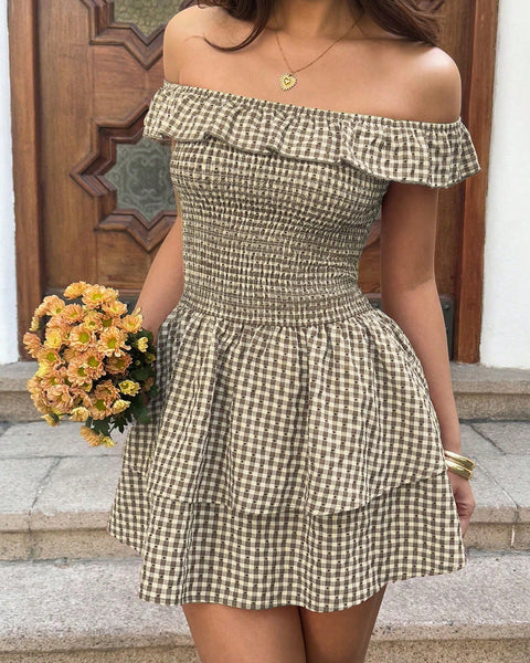 Off Shoulder Smocked Waist Tiered Hem Slim Fit Mini Dress in Sand Biege