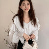 V-Neck Ruffle Trim Full Sleeve Top in Classic White