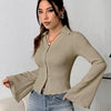 Flared Sleeve V Neck Button Front Knit Top in Green