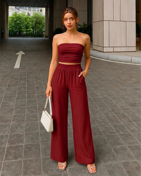 Off Shoulder Crop Top And Wide Leg Pant In Merlot