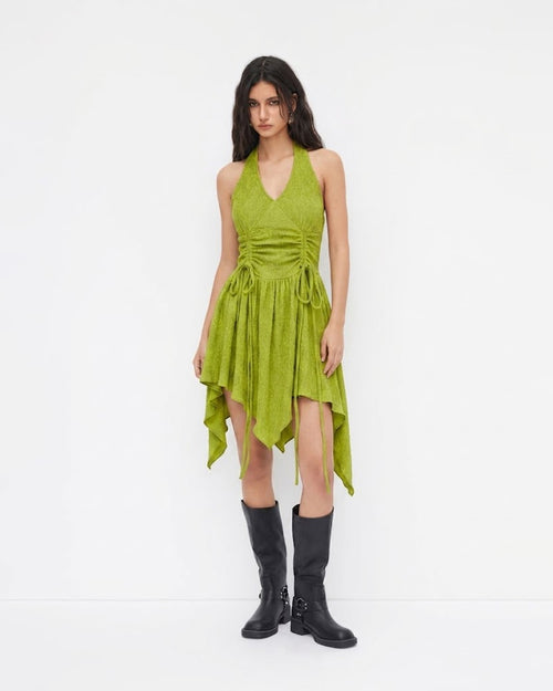Halter Neck Asymmetric Hem Fit and Flare Mini Dress in Dark Citron