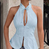 Halter Neck Keyhole Tie-Up Top in Baby Blue