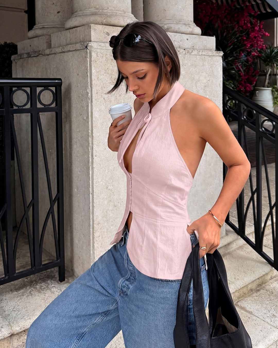 Halter Neck Keyhole Tie-Up Top in Dusty Pink- Littlebox India