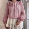 Rosette Detail High Neck Bishop Sleeve Top in Dusty Pink