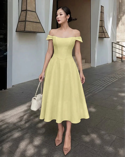 Off Shoulder Cinched Waist Midi Dress in Vanilla