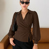 Formal V Neck Wrap Long Sleeve Top in Chocolate Brown