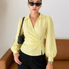 Formal V Neck Wrap Long Sleeve Top in Vanilla
