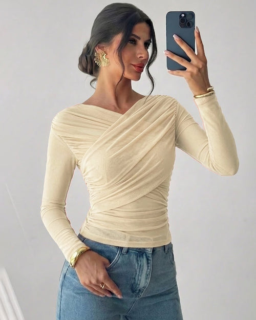 Sheer Mesh Long Sleeve Ruched Wrap Top In Cream