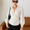 Formal V Neck Wrap Long Sleeve Top in Off White