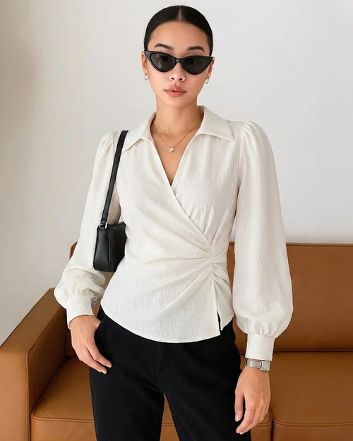 Formal V Neck Wrap Long Sleeve Top in Off White