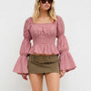 Solid Square Neck Flared Sleeve Crop Top in Dusty Pink