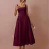 Square Neck Pleated Sleeveless V Waist Dress in Burgundy