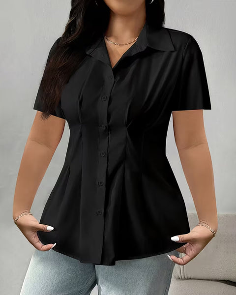 Collared Neck Smocked Waist Half Sleeve Top In Classic Black