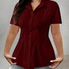 Collared Neck Smocked Waist Half Sleeve Top in Burgundy