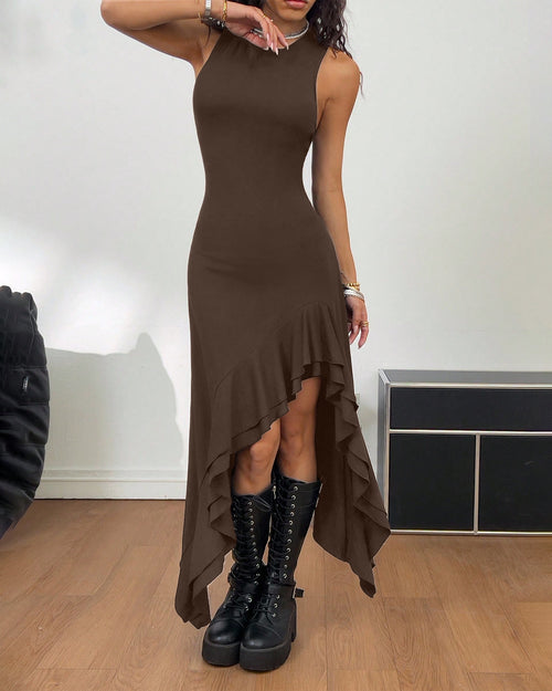 High Low Hem Sleeveless Bodycon Dress In Chocolate Brown