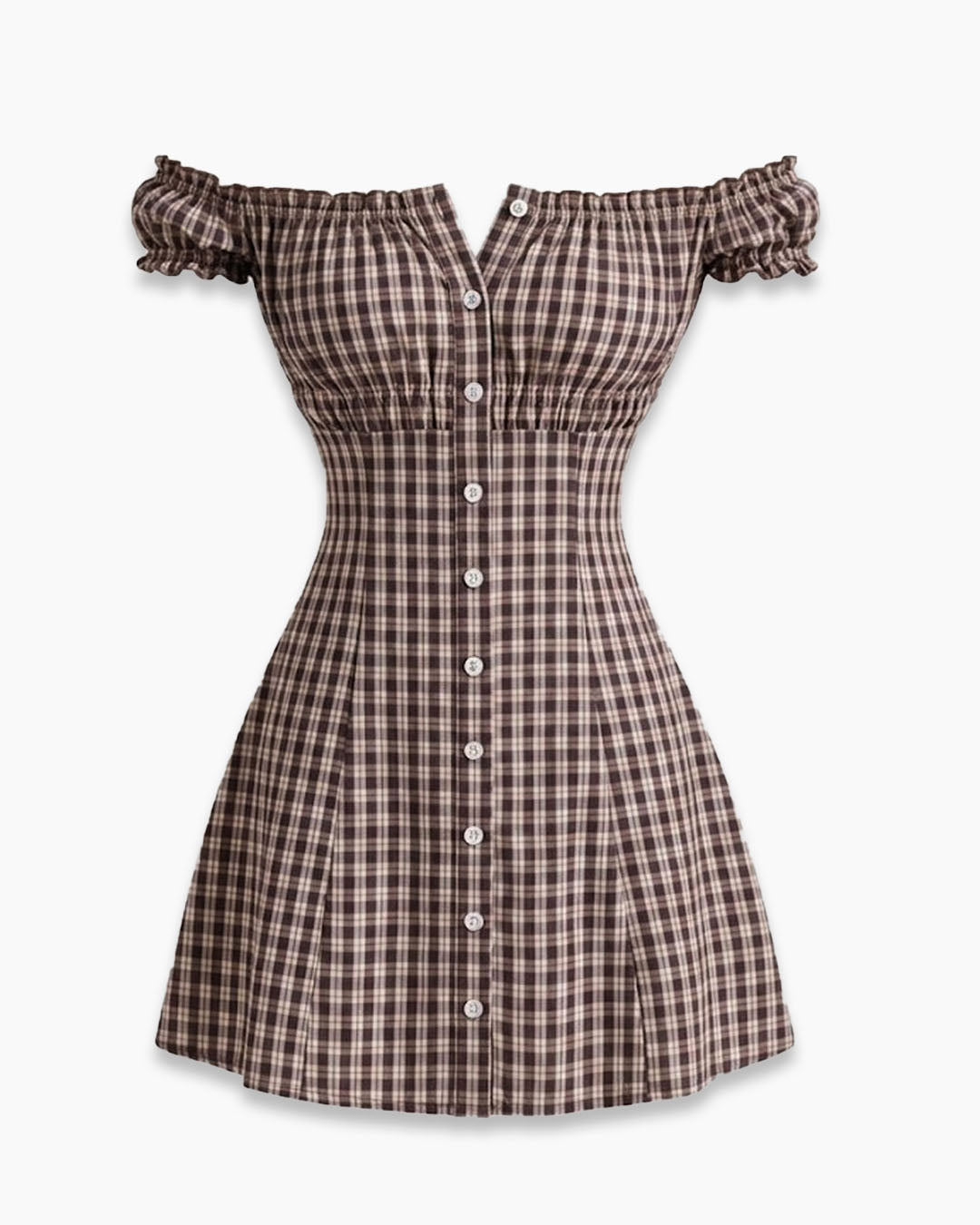 XS Plaid Off Shoulder Fit and Flare Mini Dress Brown