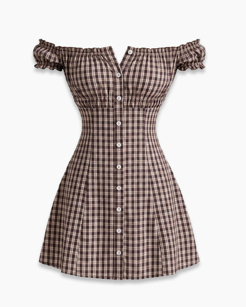 Plaid Off Shoulder Fit and Flare Mini Dress In Brown
