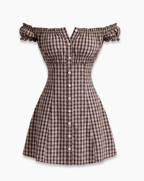 Plaid Off Shoulder Fit and Flare Mini Dress In Brown