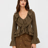 Full Sleeve Ruffle Hem Top In Brown