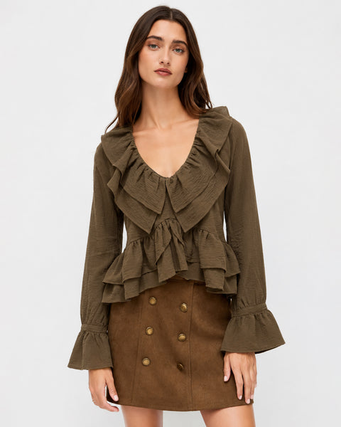 Full Sleeve Ruffle Hem Top In Brown