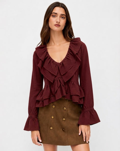 Full Sleeeve Ruffle Hem Top in Deep Maroon