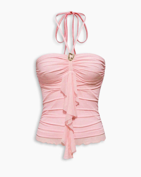 Ruffle Trim Halter Tie Top In Light Pink