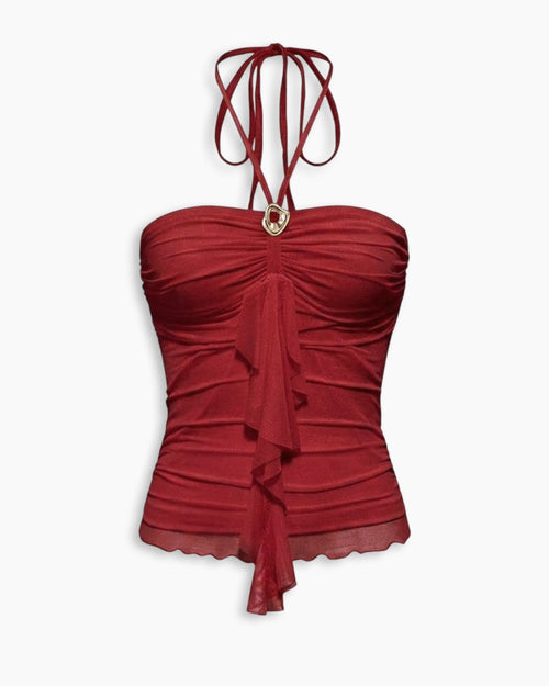 Ruffle Trim and Halter Tie in Crimson Red