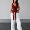Asymmetrical Hem Halter Neck Ruffle Trim Top in Merlot