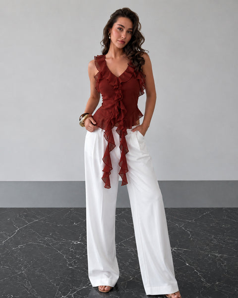 Asymmetrical Hem Halter Neck Ruffle Trim Top in Merlot
