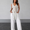 Asymmetrical Hem Halter Neck Ruffle Trim Top in Off White