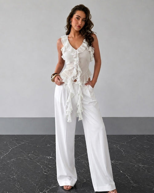 Asymmetrical Hem Halter Neck Ruffle Trim Top in Off White