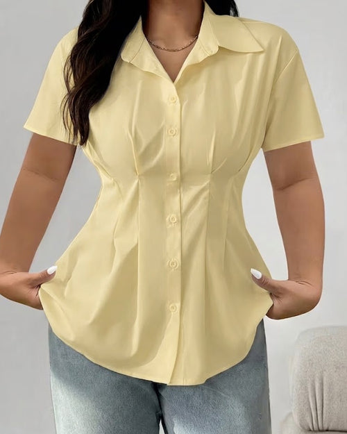 Collared Neck Smocked Waist Half Sleeve Top In Butter Yellow