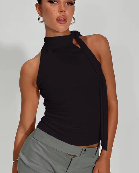 High-Neck Halter Top with Side-Tie Detail in Classic Black