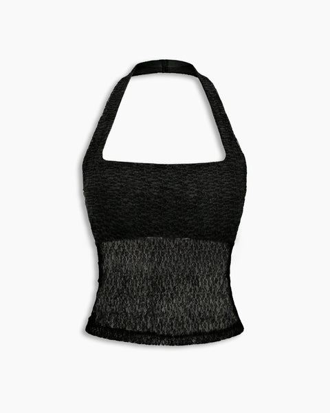 Halter Neck Sheer Lace Fitted Crop Top in Classic Black