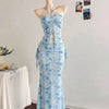 Bohemian Strapless Sleeveless Floral Top And Mermaid Skirt Set In Baby Blue