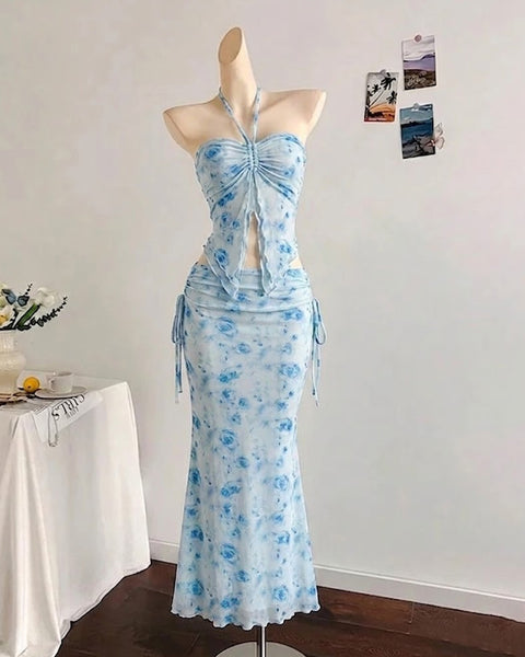 Bohemian Strapless Sleeveless Floral Top And Mermaid Skirt Set In Baby Blue