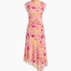 High Neck Ruched Asymmetrical Hem Sleeveless Floral Midi Dress In Dusty Pink
