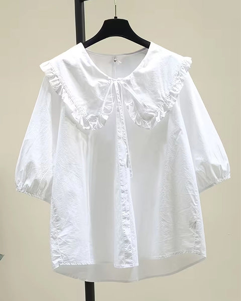Ruffle Collar Button Front Top in Classic White