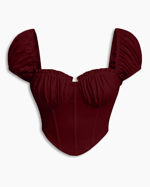 Puff Sleeve Sweetheart Neck Ruched Corset Top in Merlot