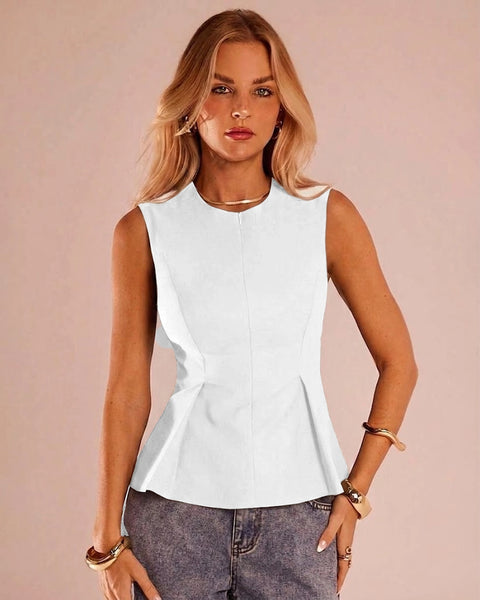 Front Zipper Round Neck Sleeveless Peplum Top in Off White